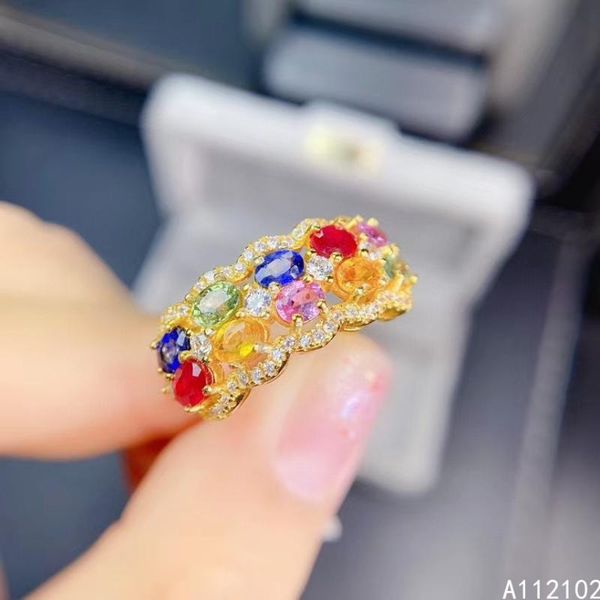 

cluster rings kjjeaxcmy fine jewelry 925 sterling silver inlaid natural color sapphire girls' rainbow gem ring support test, Golden;silver