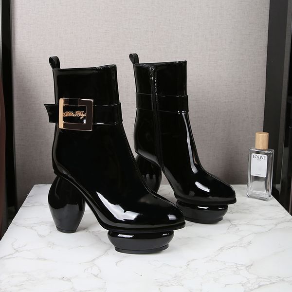 

2021 style patent sheepskin leather round toe ankle boots booties casual party dress shoes 10cm cone high heels zipper zip buckle siz 34-42, Black