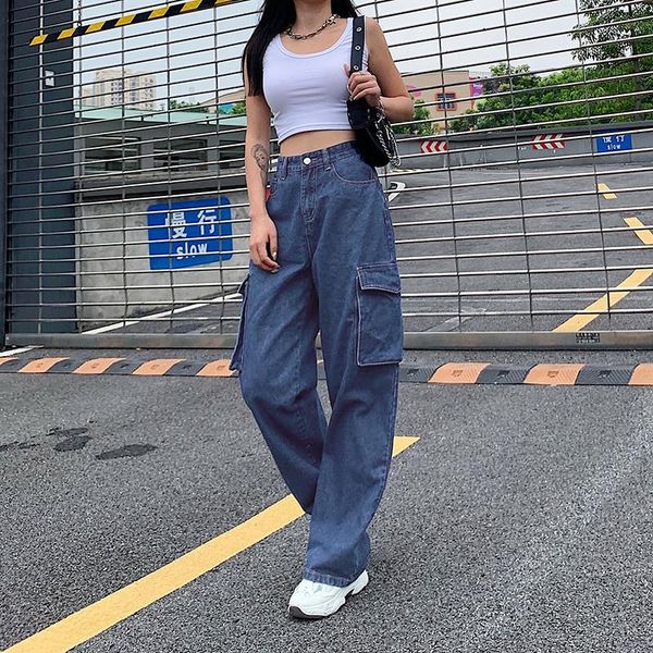 

women's jeans yiciya casual baggy 90s women cargo pants with big pockets loose high waist straight trousers y2k fashion denim, Blue