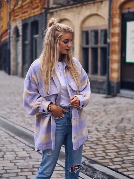 

stylish sweet plaid woolen shirt jackets women fashion pockets turn-down collar check jacket cute girls chic coat streetwear, Black;brown