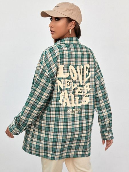 

plaid & slogan graphic drop shoulder blouse c3hz#, White