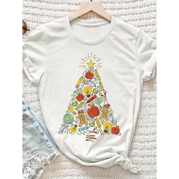 

summer ladies t-shirt christmas gift box tree print round neck street casual home furnishing short sleeve loose comfortable, White