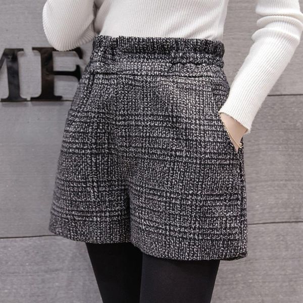 

plus size 2021 new autumn winter woollen cloth shorts women korean elastic waist wide leg shorts female casual loose, White;black