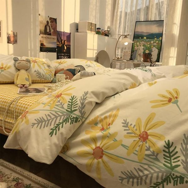 

bedding sets vintage pastoral yellow flower set kid teen adult,cotton twin full  home textile bed sheet pillow case quilt cover