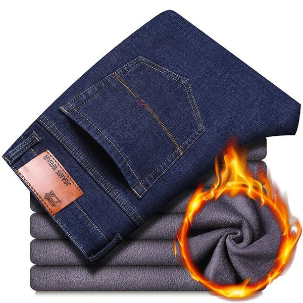 

men's jeans 2021 winter streetwear warm classic fashion business straight denim pants male brand black blue regular fleece