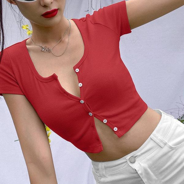 

2021 new spring summer women t-shirt v neck short sleeve casual crop shirt summer solid button tee shirt mujer, White