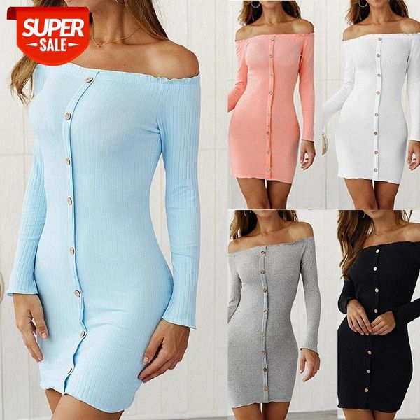 

women autumn bodycon dress slash neck off shoulder long sleeve single row button knitted mini white dresses elegant vestido #n88y, White;black
