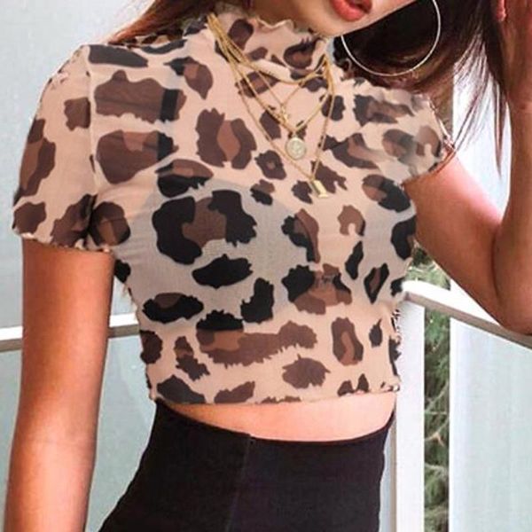 

women's t-shirt mesh leopard turtleneck t shirts women transparent 2021 see through elastic skinny crop stretchy, White