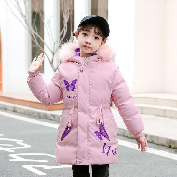 

down coat girls' winter thickened jacket 2021 medium and long butterfly embroidery waist closed plush collar, Blue;gray