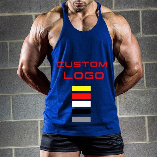

logo custom stringer vest muscle singlet bodybuilding tank fitness men black yellow blue white grey, White;black