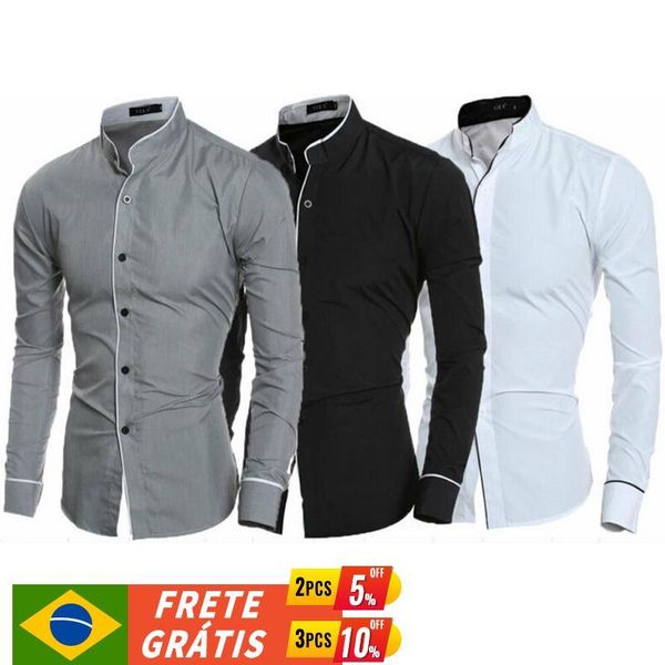 

men's dress shirts men stand collar shirt long sleeve turn down slim pure colors solid fit business male camisa social masculina, White;black