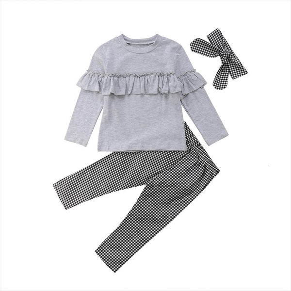 

2 piece set toddler kids baby girl clothes ruffle long sleeve plaid pants leggings headband 3pcs outfits clothing, White