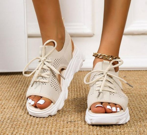 

sandals summer women open toe wedges platform ladies shoes knitting lightweight sneakers, Black