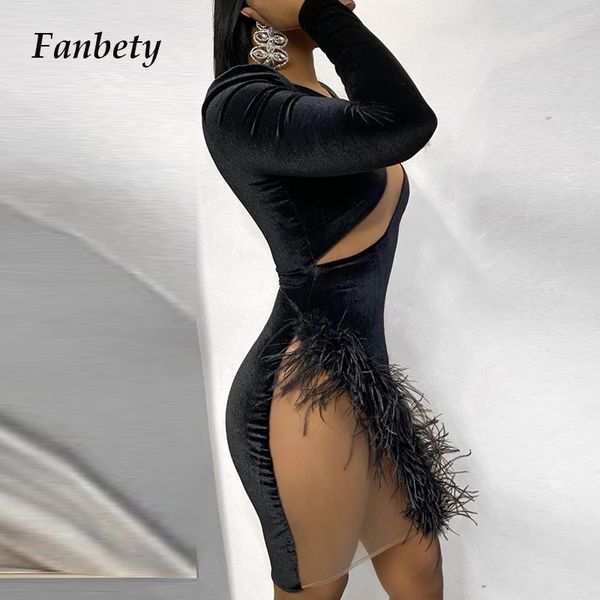 

2021 new women elegant solid o neck feather veet mesh patchwork irregular party autumn long sleeve slim pencil es l9ra, Black;gray