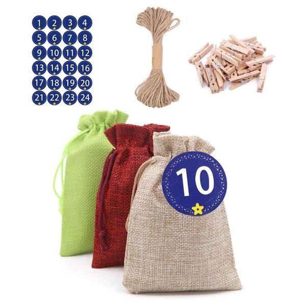 

24pcs linen burlap bag,advent calendar gift bags, burlap hanging jute drawstring pouch for wedding,birthday, diy craft