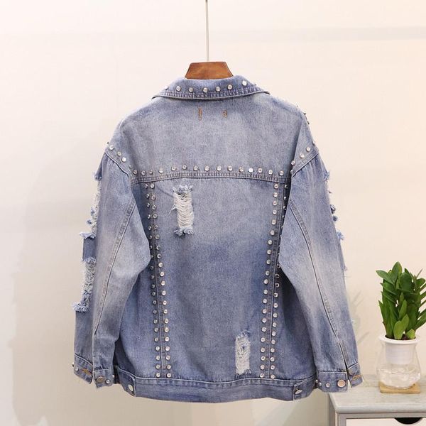 

women's jackets ripped hole personalized diamonds loose jean european style autumn long sleeve denim coat jacket women streetwear, Black;brown