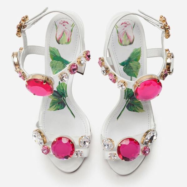 

sandals genuine leather woman summer white chunky heel diamonds sandal rose flower red real pos, Black