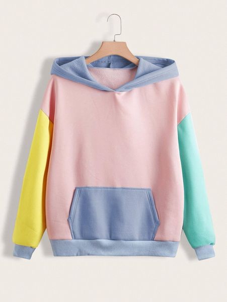 

plus colorblock drop shoulder thermal lined hoodie z8jy#, Black