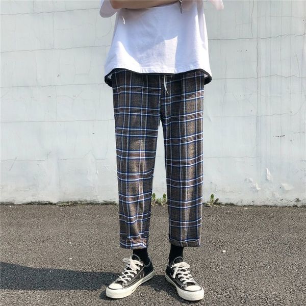 

2021 new autumn cotton plaid men's fashion retro casual men streetwear loose hip-hop straight wide-leg pants mens m-2xl 5cuy, Black
