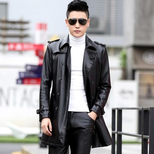 

autumn korean version and winter pu leather large size windbreaker double breasted black lapel plus cotton men jacket coat/m-5xl