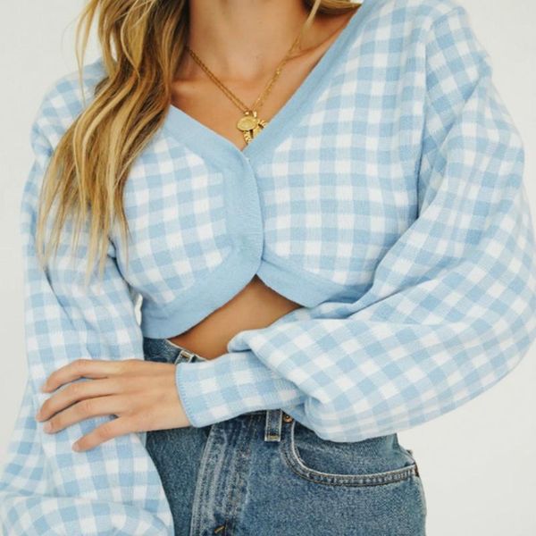 

women fall puff sleeve cardigans sweater fashion autumn casual thin chic blue plaid knitted cardigan female short sweaters, White