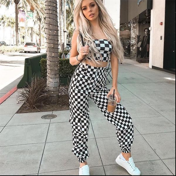 

women plaid casual harem pants jogger pockets fashion chain polyester pants female loose checkered pants pantalon, Black;white