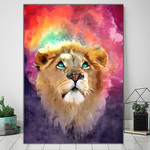 Faccia di leone multicolore Pittura moderna su tela Immagini di animali Soggiorno-Decorazioni da parete Poster Stampe astratte