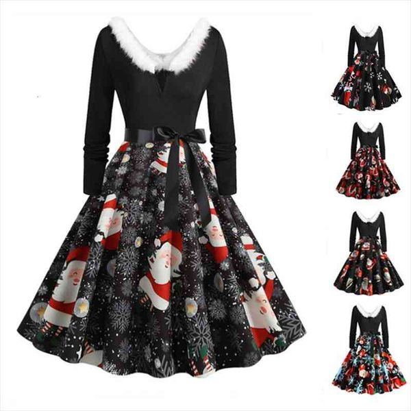 

winter christmas dresses women vintage printed robe swing elegant party dress v-neck year long sleeve dress plus size, Black;gray