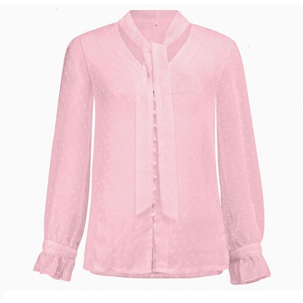 

New 2021 Women Elegant Perspective Dot Print Chiffon Blouse Long Sleeve v Neck Tie Up Slim Shirt Sexy Tops Plus Size 5xl F1GZ, White