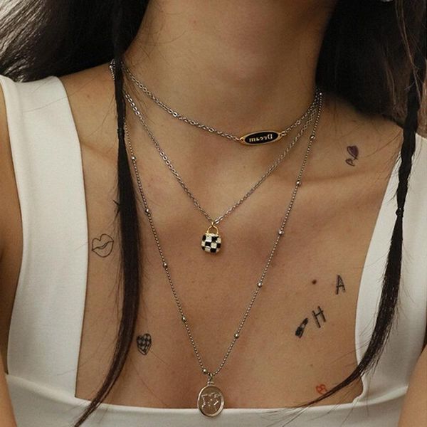 

pendant necklaces u-magical hiphop double layer black white grid letter necklace for women enamel bag dream metal chain jewellery, Silver
