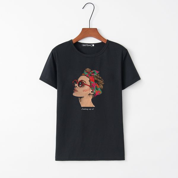 

fashion girl print round neck short sleeve t-shirt, White