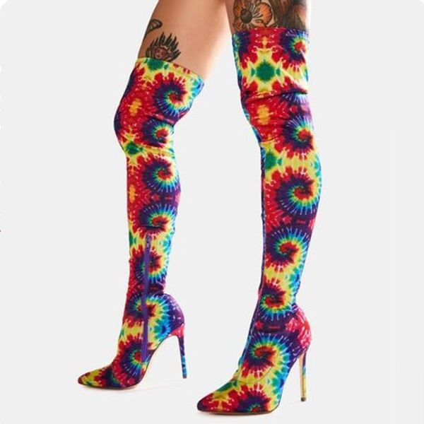 

boots 2021 stretch over knee high print tie dye fashion women's heel pointy toe customized big size 48, Black