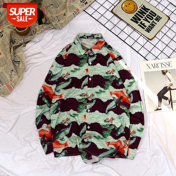 

jacket harajuku style carp print long-sleeved shirt men's retro #zg7r, White;black