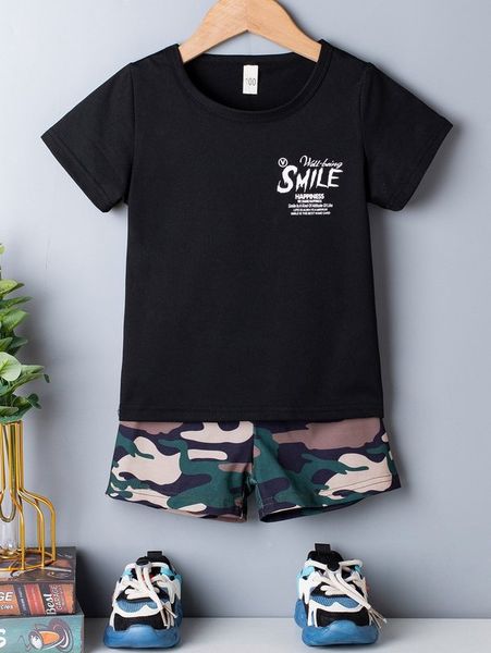 

toddler boys slogan graphic tee & camo print shorts she, White