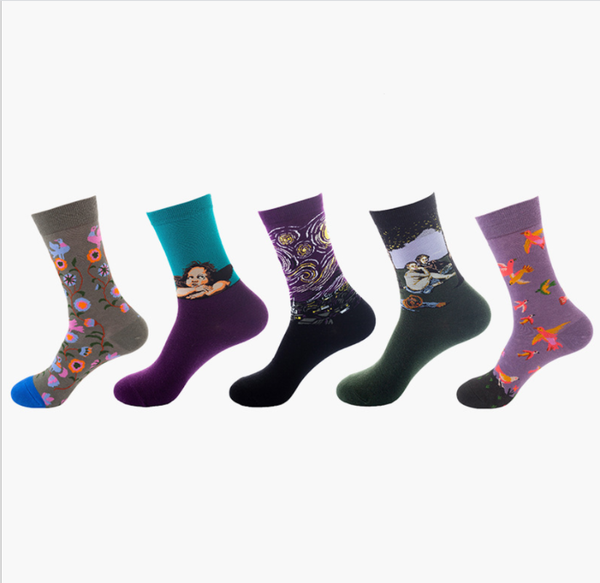 

men's socks 1 pair painting style crew women streetwear skateboard sport cycling designer cotton size 36-44, Black