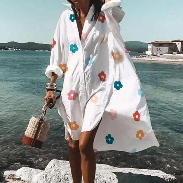 

casual dresses chic v-neck long sleeve loose dress women button turn-down collar shirt, Black;gray