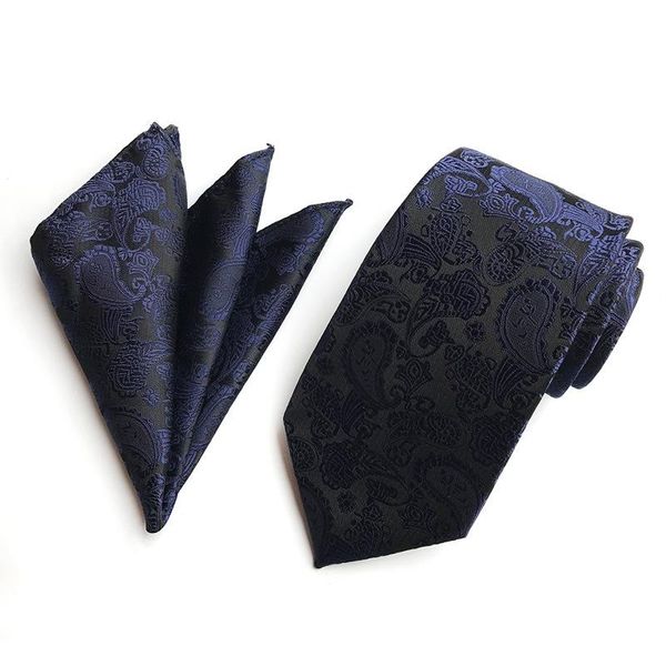 

navy blue tie for men paisley necktie set with pocket square hanky suit accessories formal party necktie handkerchief set, Black;gray