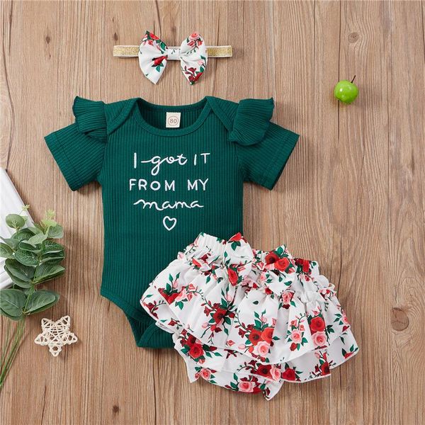

clothing sets baby girls 3pcs summer outfits short sleeve rib knit letter romper + floral shorts headband set, White