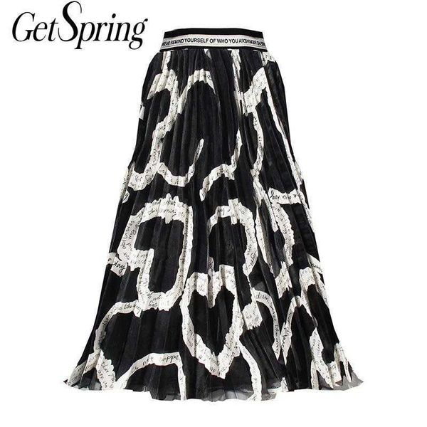 

getspring women skirt letter high waist pleated long skirts womens black white all match vintage summer 210601