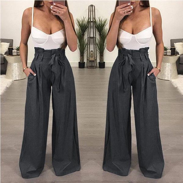 

women's pants & capris women 2021 autumn casual wide leg high waist lace up maxi trousers female ol clothing loose long, Black;white