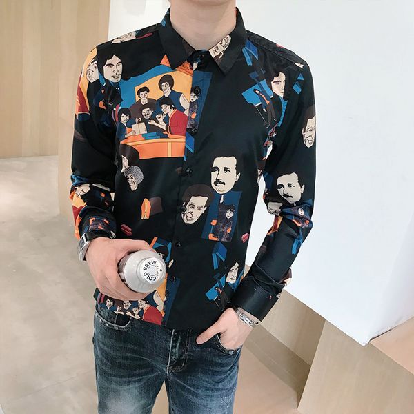 

new preto/branco primavera novo 2021 manga longa roupas masculinas camisa floral simples todos os jogos fino ajuste casual blusa homme 3xl-m, Black;brown