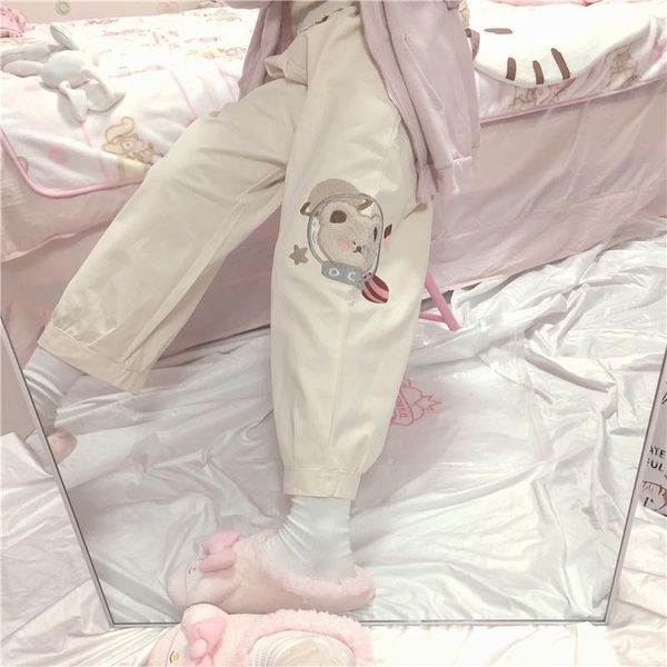 

kawaii pants for teenage girls loose wide leg pants embroidery japanese cartoon soft girl trousers women cute bear, Black;white