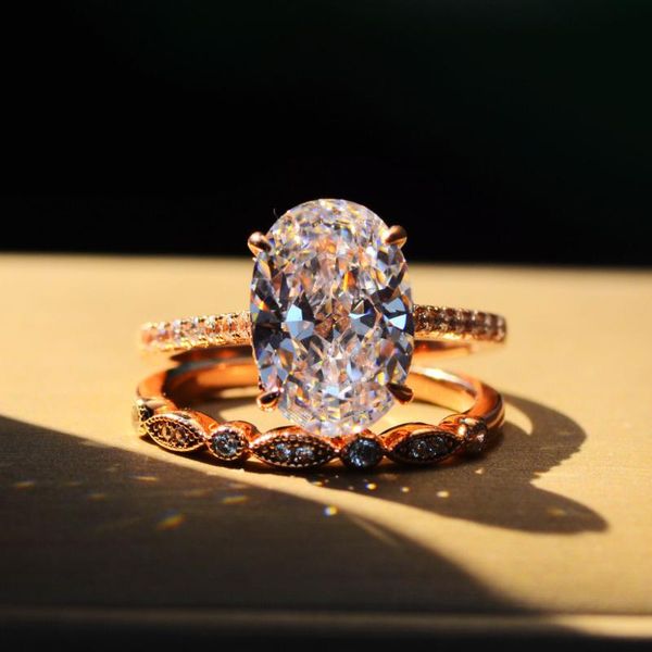 

wedding rings luxury female white crystal ring set charm rose gold color for women promise oval zircon stone engagement, Slivery;golden