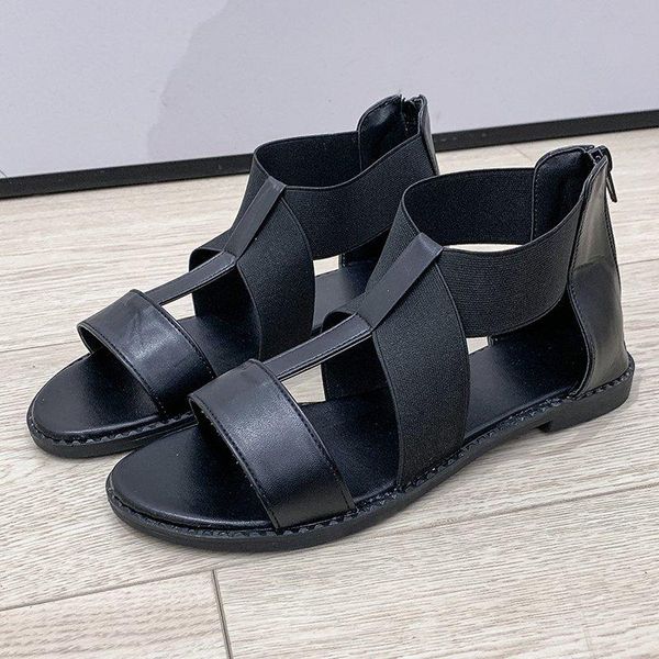 

sandals 2021 summer gladiator t strap flat sandal women casual shoes back zipper beach black sandalias zapatos mujer 8108g