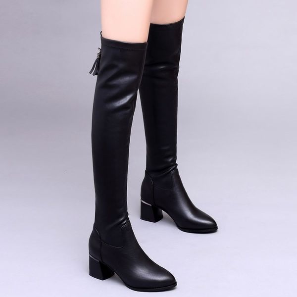 

leather new versatile women's over knee elastic thin boots children's autumn and winter thick heel, White;red