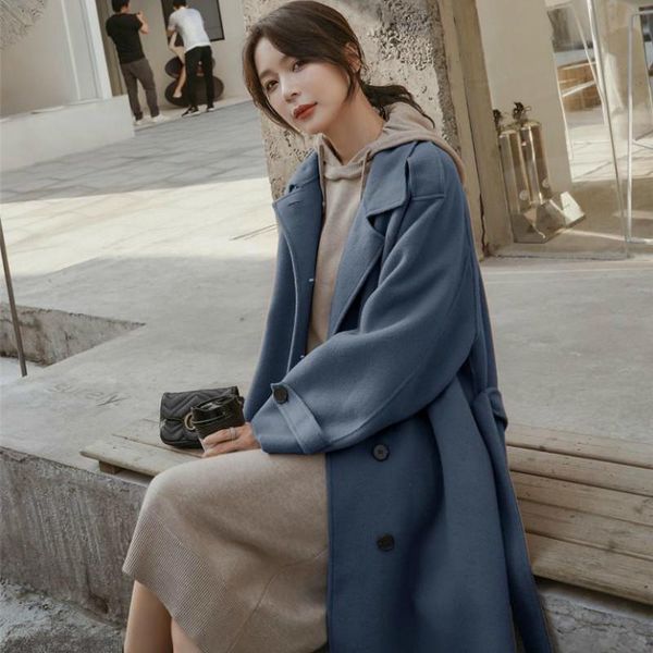 

women's wool & blends hstar winter women solid sashes coats female single breasted elegant thick lady fashion outerwears, Black