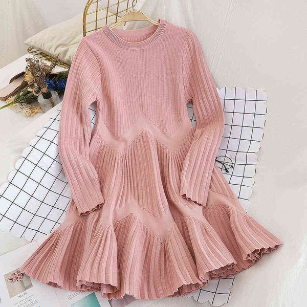 Gestreiftes Plissee-Minikleid für Damen, Herbst und Winter, lockere lässige rosa Strickpullover-Kleid, Ballkleid, O-Ausschnitt, Langarm, Party, X438, G1214