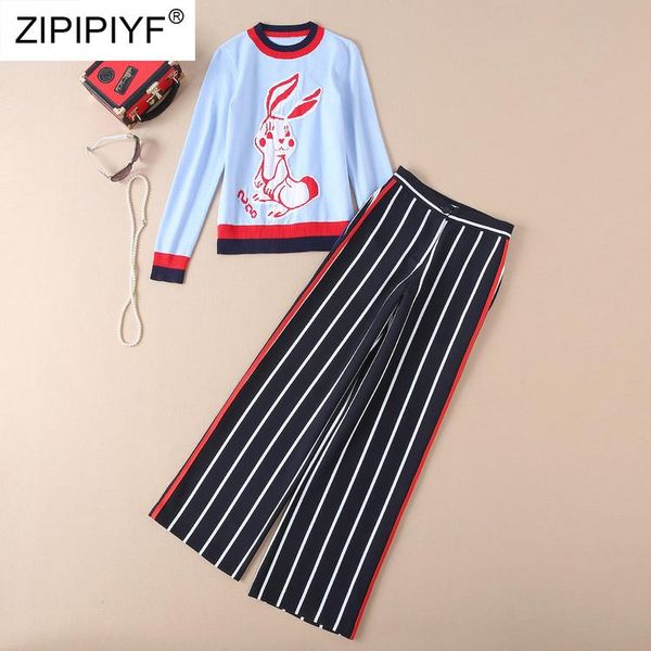 

women's two piece pants streetwear femme 2 pieces long-sleeved pattern t-shirt +wide leg striped trousers female tracksuit sets h6410, White