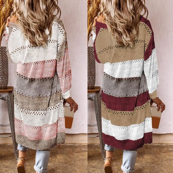 

women autumn long sleeve sweater hollow out knitted cardigan color block stripes patchwork open front coat knee length casual lo, White;black