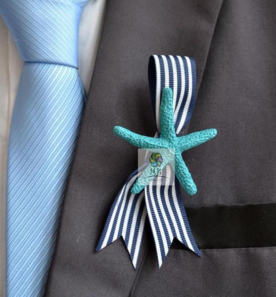 

new style 5pcs/set wedding man groom groomsmen boutonniere resin starfish with ribbon man suit brooch flower corsage decor